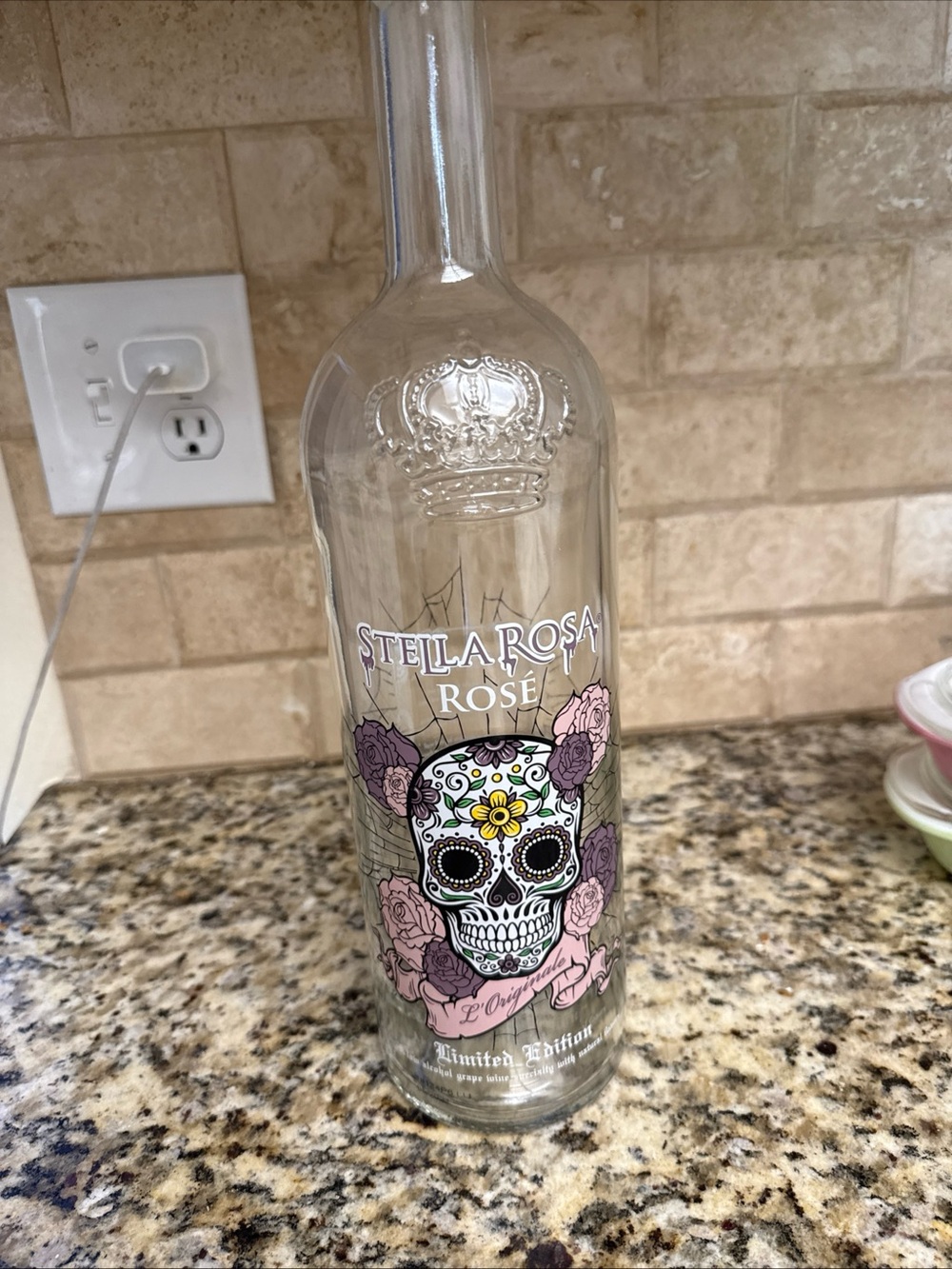 Rosé Decorative Glass Bottle with Floral Skull Design - Pink